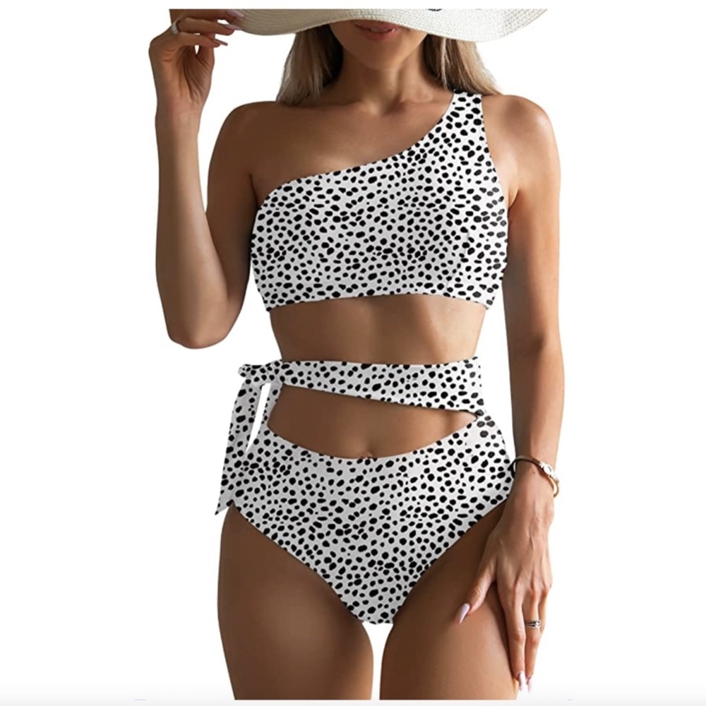 One Shoulder Bathing Suit Tie Side High Waist Tummy Control Swimsuit dalmation